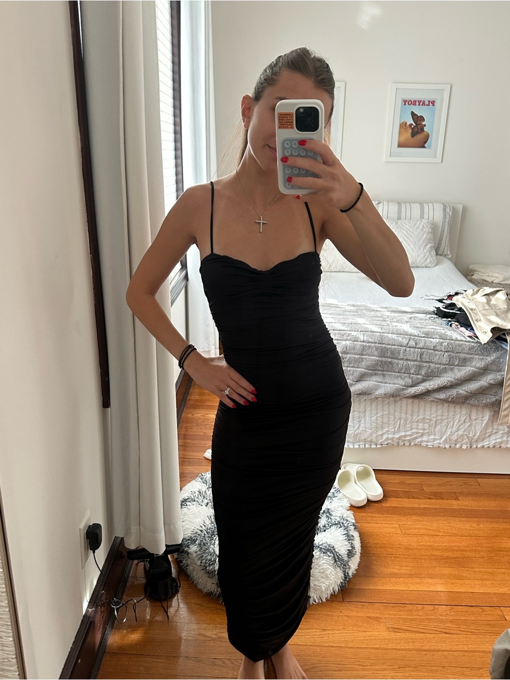 Classic Black Ruched Slip Dress - Women's